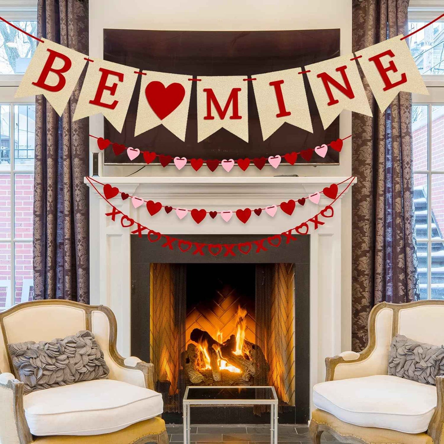 4Pcs Valentines Day Decorations Valentines Day Decor No DIY Required Handmade BE Mine Love Heart XO Garlands Banner for Home Wedding Party Anniversary