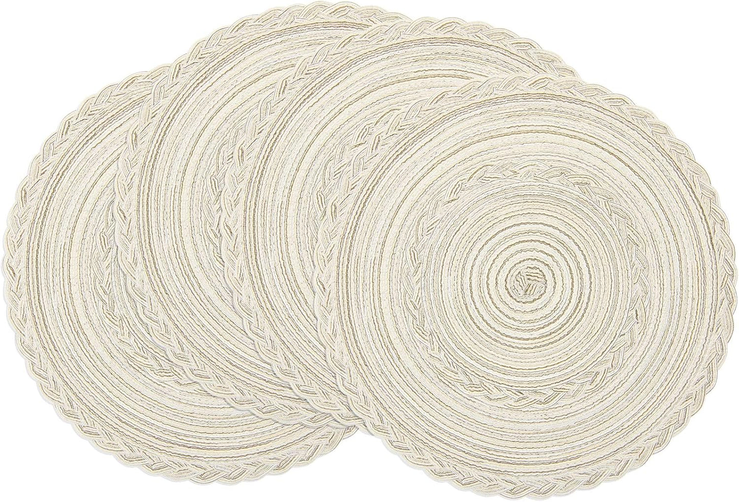 SHACOS 15 inch Round Braided Placemats Set of 6 Non Slip Heat Resistant Cotton Polyester Table Mats Washable Place Mats for Kitchen Dining Party Table Decor (Beige, 6)