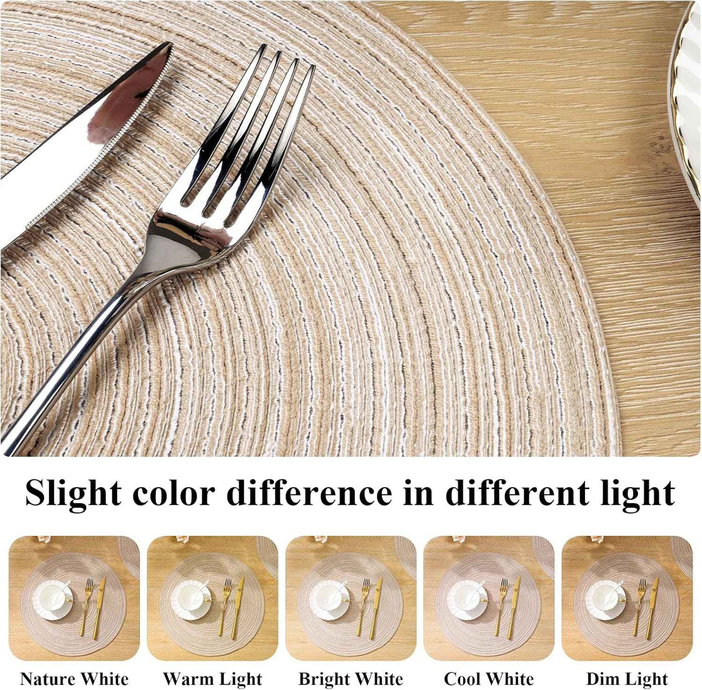 SHACOS 15 inch Round Braided Placemats Set of 6 Non Slip Heat Resistant Cotton Polyester Table Mats Washable Place Mats for Kitchen Dining Party Table Decor (Beige, 6)