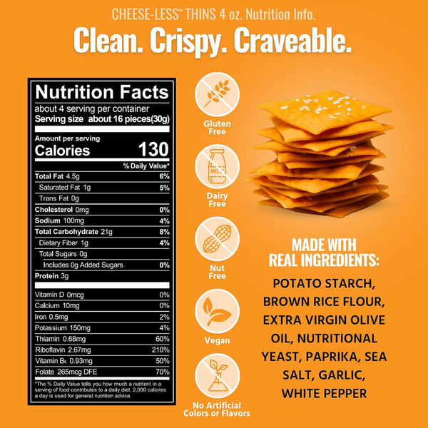 Every Body Eat Gluten Free Crackers, Cheese-Less – Healthy Snacks, Vegan Cheddar Style Crackers, Dairy Free, Seed Oil Free Snack Crackers (Pack of 2), 4 oz Bags