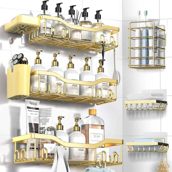 Shower Caddy Adhesive Shower Organizer 7-Pack, Rustproof Stainless Steel Bathroom Shelves, Large Capacity No-Drill Rack Storage Accessories with Soap Dish Toothbrush Holder &24 Hooks Home Decor