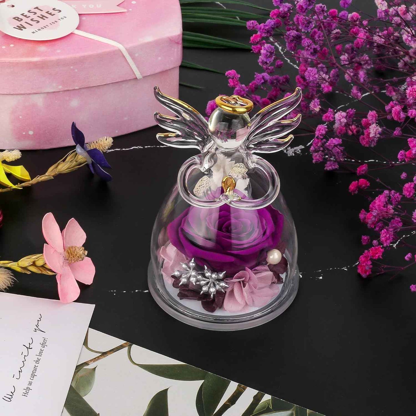 Valentines Day Rose Gifts for Her,Fresh Flowers for Delivery,Birthday Gifts for Women Mom,Preserved Flowers in Glass Angel Figurine,Angel Mothers Day Rose Gift for Mom Grandma,Purple Gift Valentines