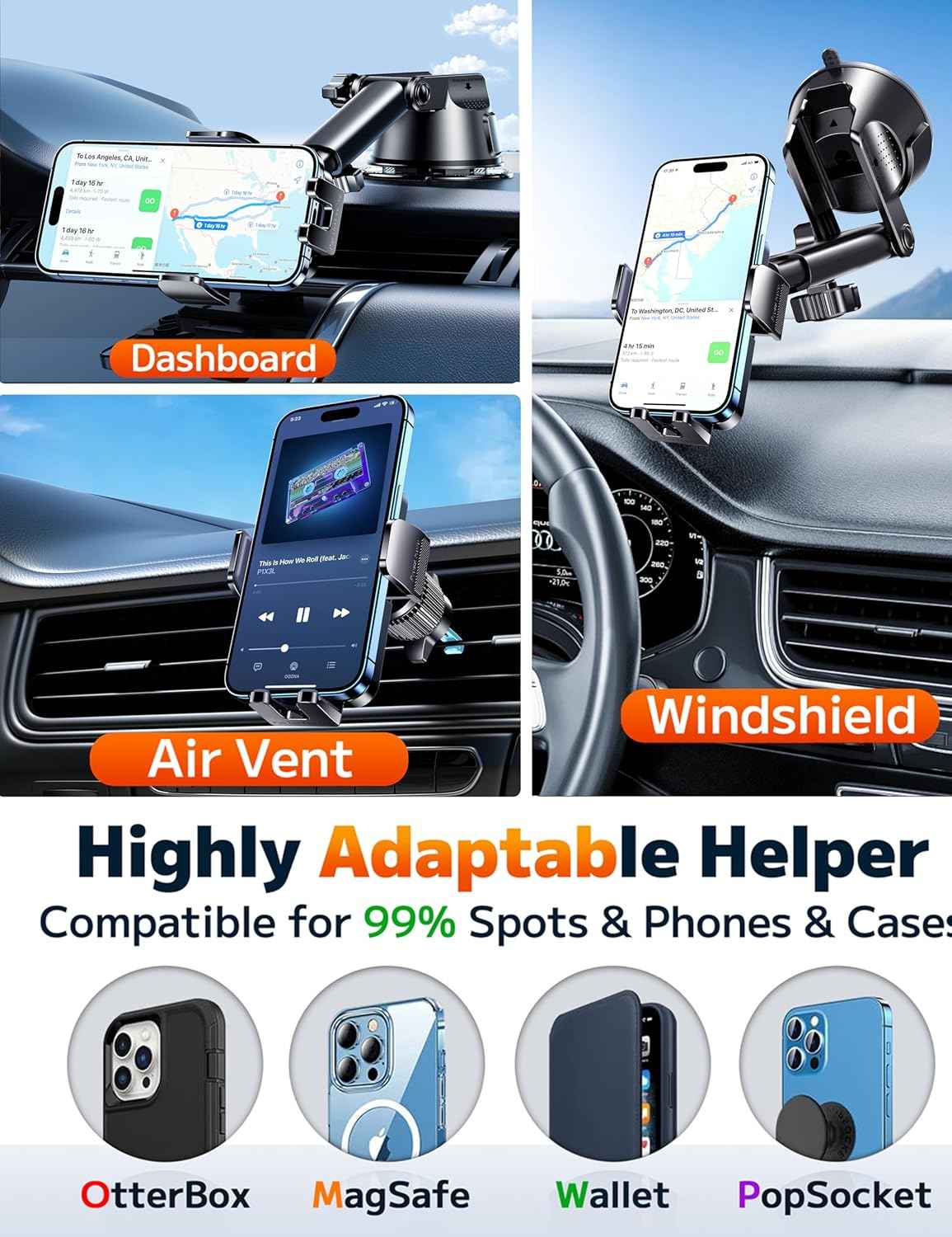 Qifutan Dash Mounted Holders Phone Holders for Your Car Phone Mount for Car Windshield Dashboard Air Vent Universal Desk Mounts Hands Free Automobile Cell Phone Holder Fit for iPhone Smartphone