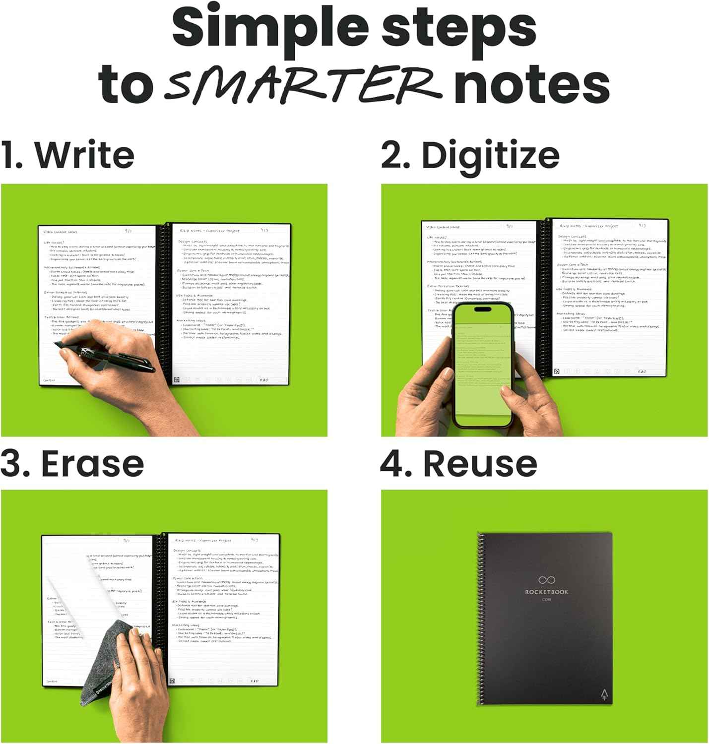 Rocketbook Core Reusable Smart Notebook, Lined Pages For School, Work and Creative Projects, Letter Size 8.5x11, Black - Premium