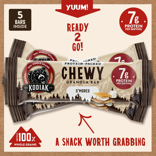 Kodiak Cakes Chewy Granola Snack Bars, S'mores, High Protein, 100% Whole Grains, Pack of 4
