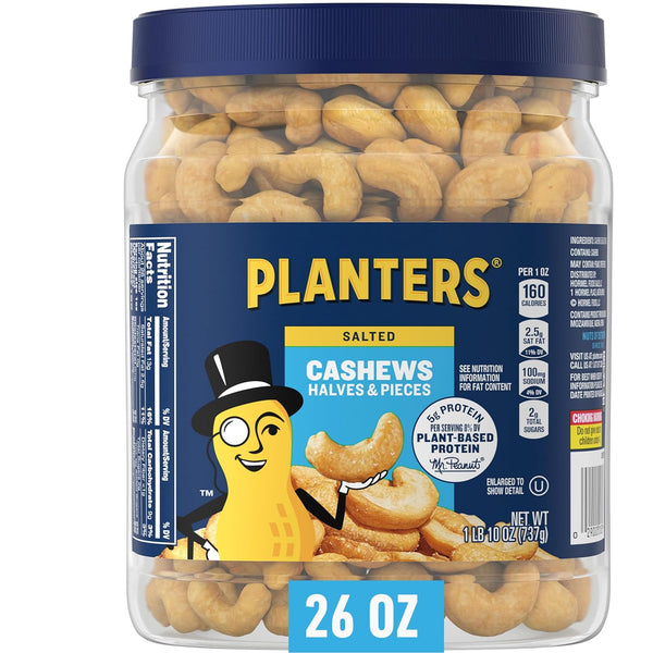 PLANTERS Fancy Whole Cashews with Sea Salt - 26 Oz Resealable Jar, Kosher, Good Source of Nutrients