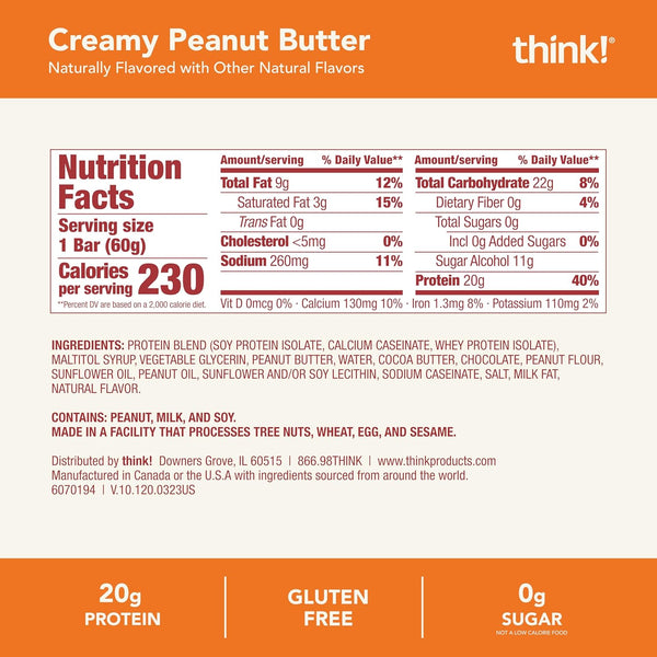 think! protein bars, high protein snacks, gluten-free, kosher-friendly, creamy peanut butter, 20g protein, 12-count pack