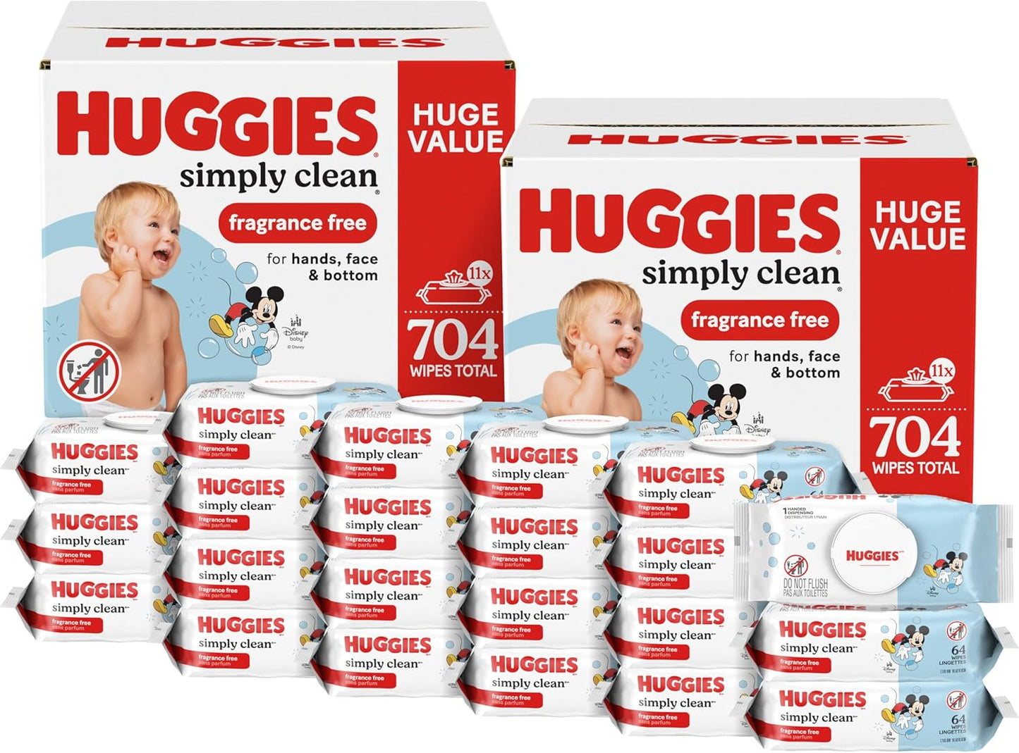 Huggies Simply Clean Unscented Baby Diaper Wipes, 11 Flip-Top Packs (704 Wipes Total), Packaging May Vary