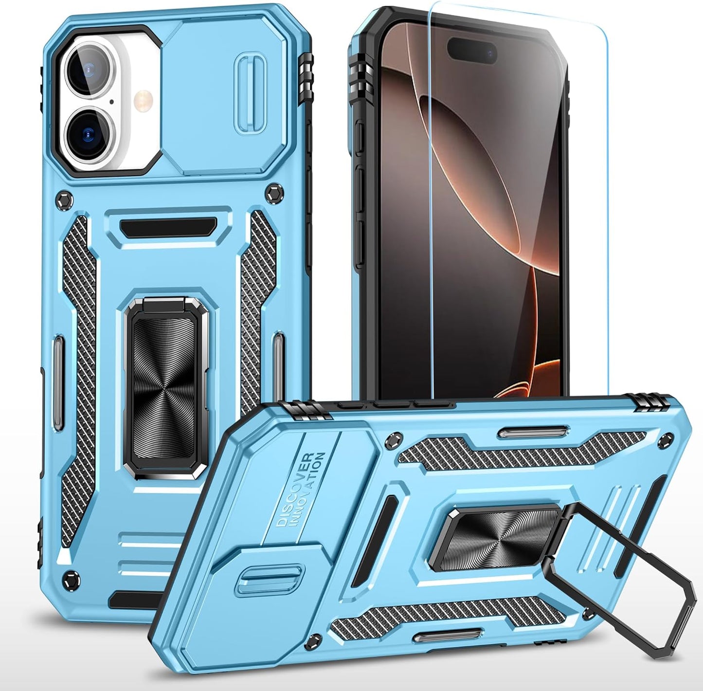 SunStory Phone Case for iPhone 16 6.1" with HD Screen Protector | Slide Camera Cover | Rotated Ring Kickstand | Military-Grade Protection | Red