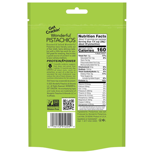 Wonderful Pistachios No Shells, Roasted & Salted Nuts, 12 Oz Resealable Bag, Protein Snack