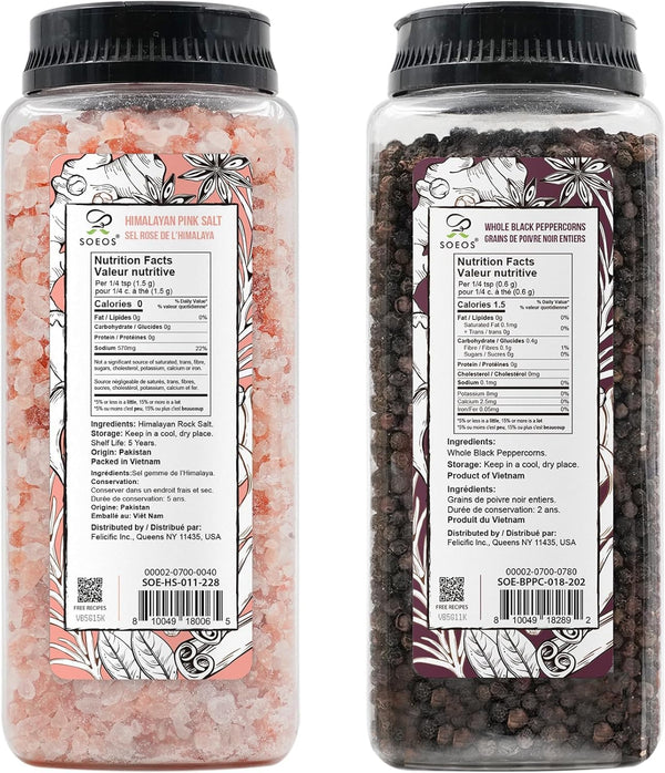 Soeos Himalayan Pink Salt Coarse Grain Kosher Salt Refill with Whole Black Peppercorns Non-GMO Verified Spice Seasoning Set