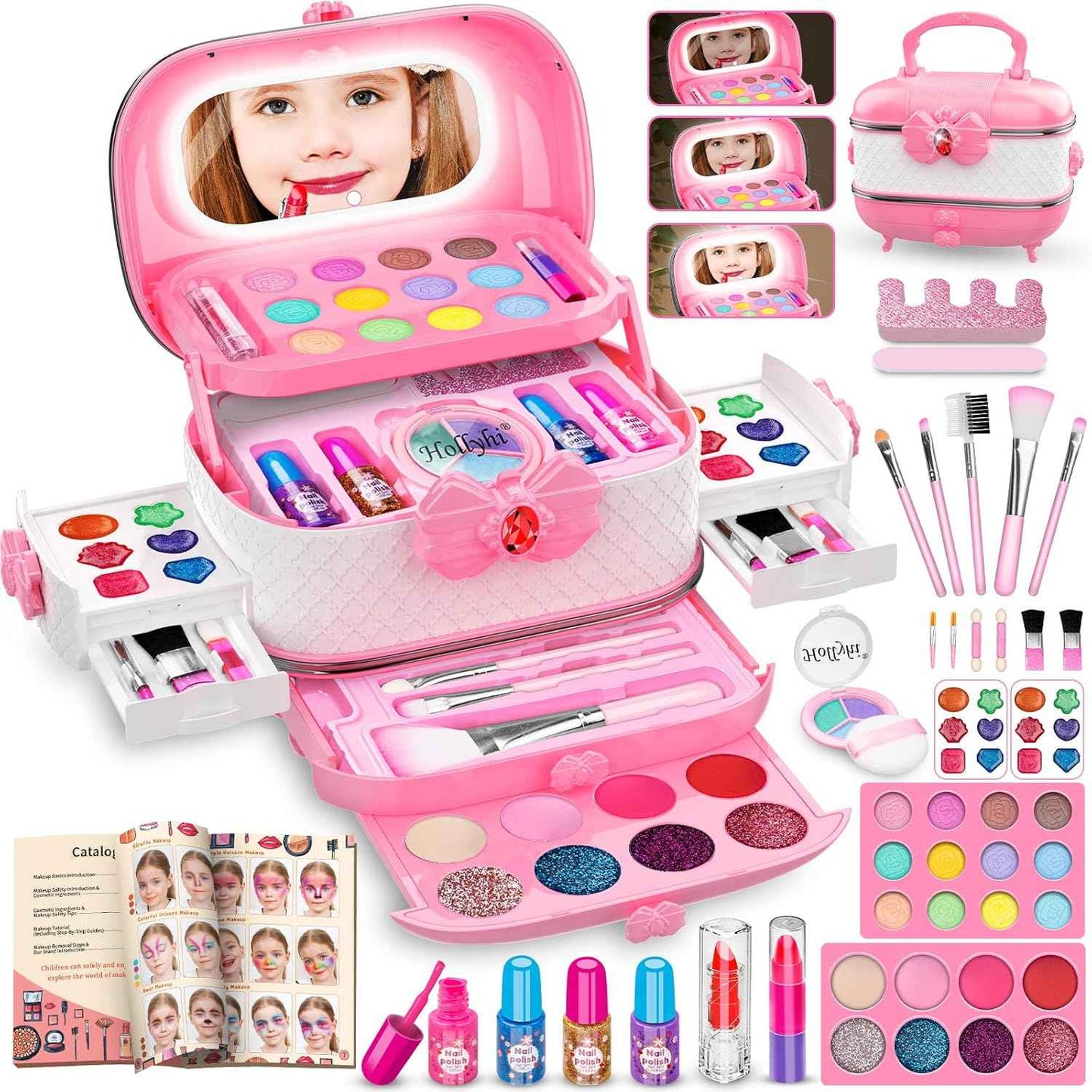 Hollyhi 58 Pcs Kids Makeup Kit for Girl, Princess Toys Real Washable Cosmetic Set with Mirror, Kids Makeup Sets for Girls, Play Make Up Birthday Gifts for 3 4 5 6 7 8 9 10 11 12 Years Old Kid (Rose)