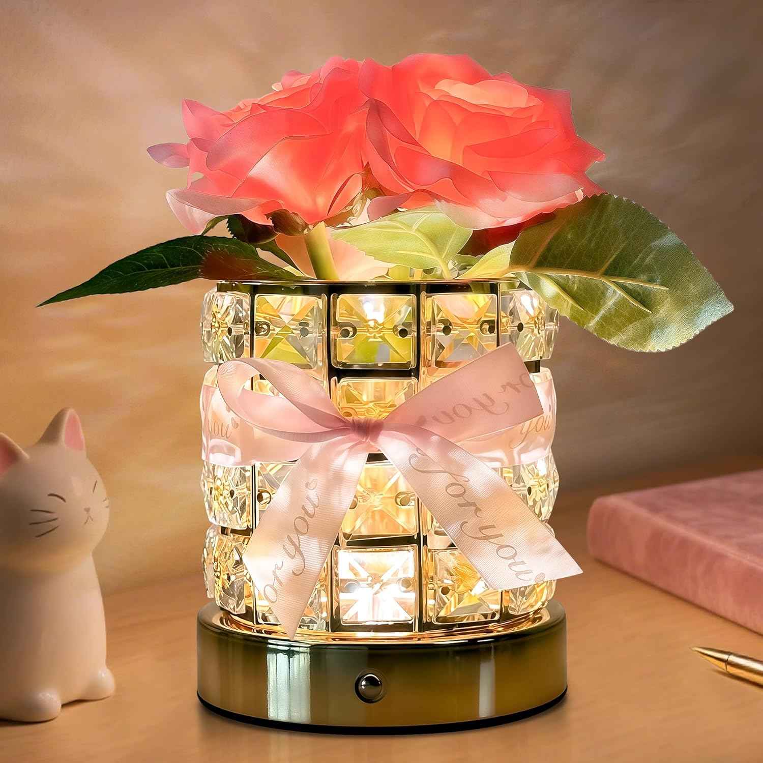 Rose Flower Lamp,Birthday Gifts for Women,Rechargeable Cordless Touch Lamp,3 Color Infinitely Dimming Small Night Light,Rose Crystal Table Lamp for Living Room Bedroom Festival Romantic Home Decor
