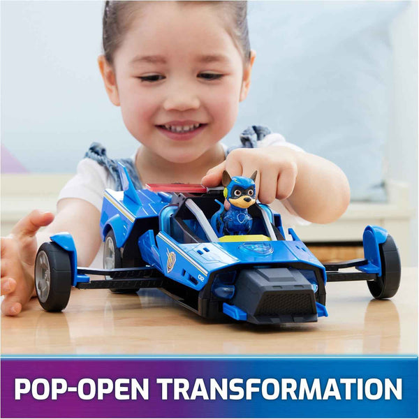 paw patrol mighty movie chase cruiser with mighty pups action figure, lights and sounds for kids 3+