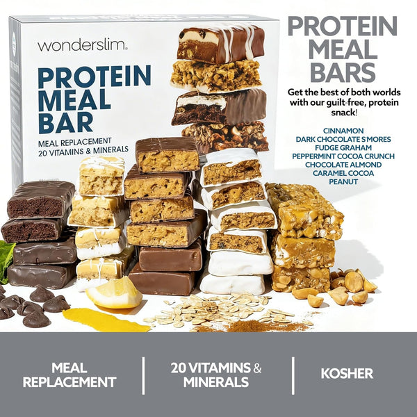 WonderSlim Meal Replacement Protein Bar Variety Pack 15g Protein 20 Vitamins and Minerals