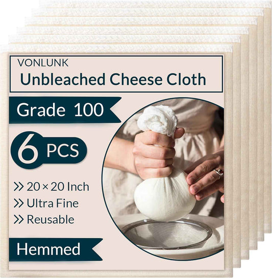 6-Pack Cheesecloth, 20x20 Inch Hemmed Cheese Cloth for Straining, Reusable Unbleached Cotton Strainer for Cooking, Baking, Juicing, and Cheese Making (Grade 100)