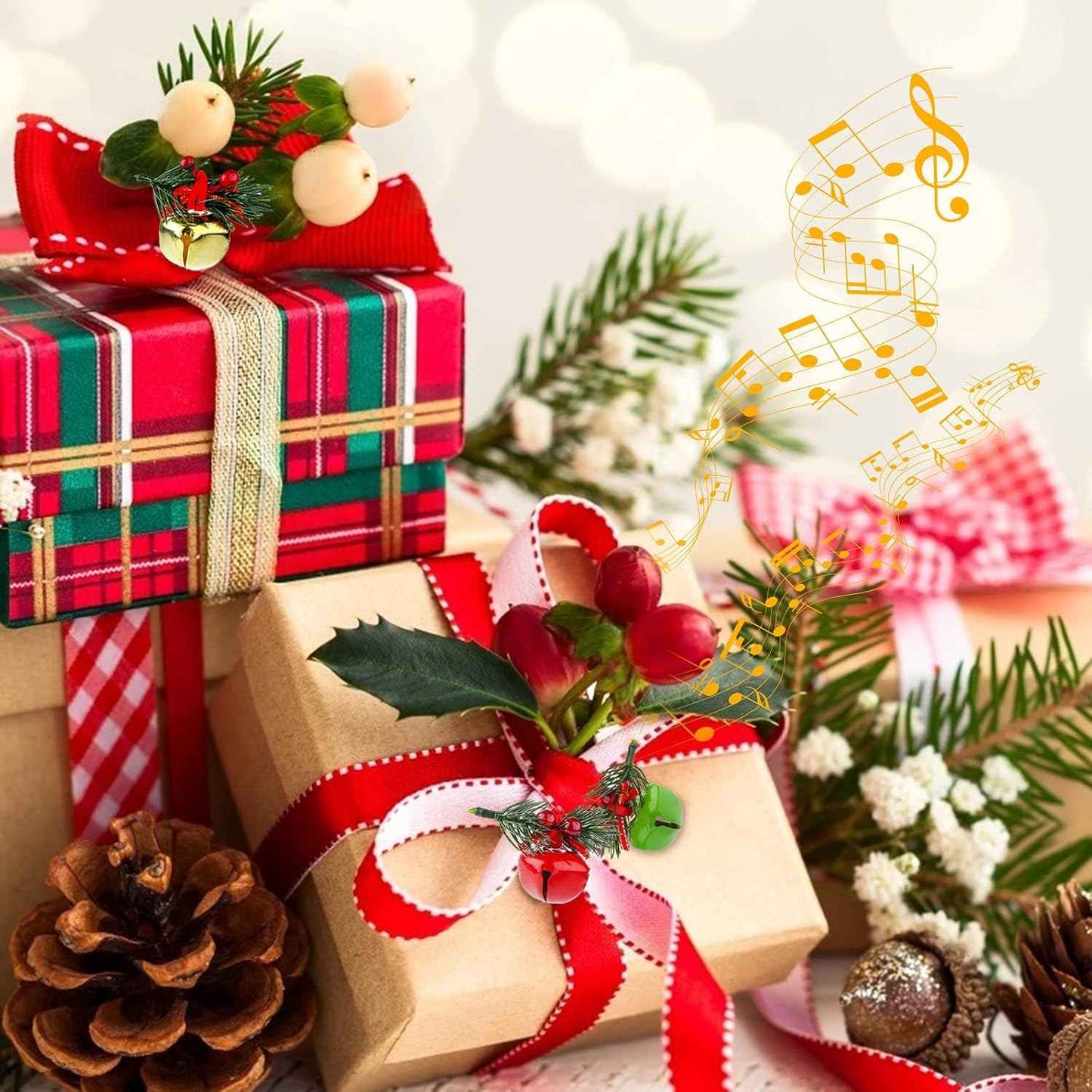 MCPINKY 30PCS Christmas Bells, Jingle Bells with Holly Leaves Berries for Craft, Gift Wrapping Christmas Tree Decor