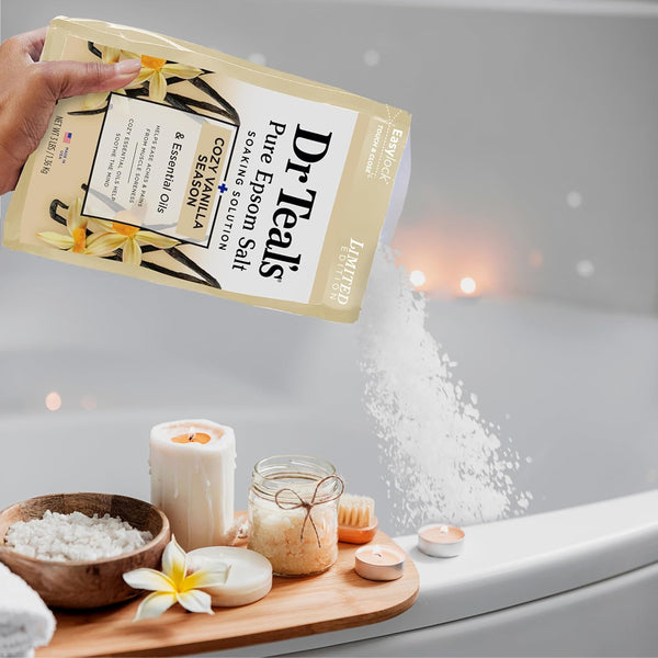 dr teals epsom salt magnesium soak, limited edition cozy vanilla season, 3lbs, relax, unwind, spa, self-care