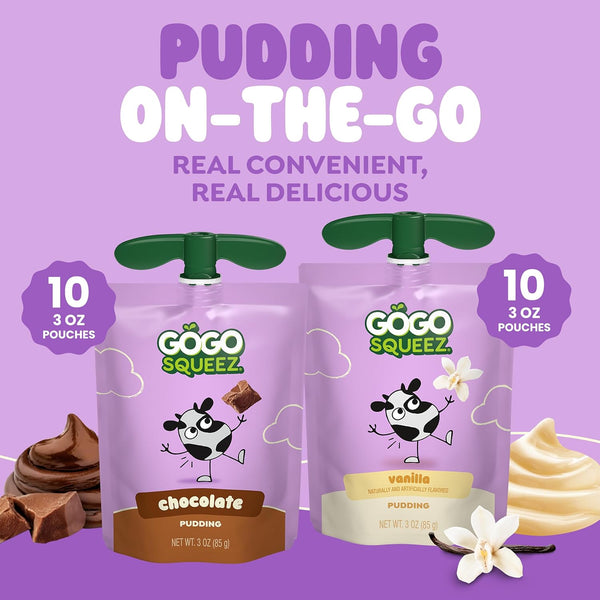 GoGo squeeZ PuddingZ Variety Pack, Chocolate and Vanilla Pudding Snack, 20 Pouches, BPA Free