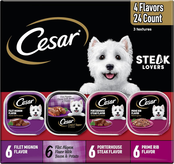 cesar steak lovers variety pack, 3.5 oz easy peel trays, 24 count, wet dog food for adult dogs