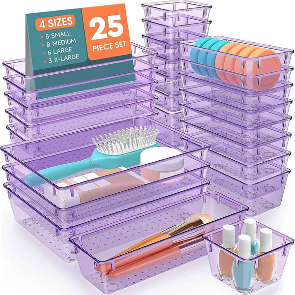 25 PCS Plastic Drawer Organizer Set, 4-Size Versatile Organizer Trays & storage Bins for Makeup, Jewelry, and Gadgets in Bathroom, Bedroom and Office,Clear Black