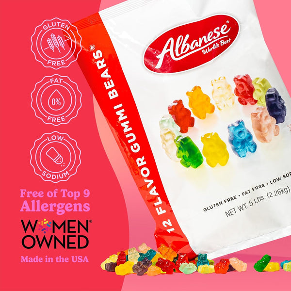 Albanese World's Best 12 Flavor Gummi Bears | 5lbs of Candy | 12 Unique Flavors, Gluten Free, Fat Free, Soft and Chewy Gummy | Cherry, Blue Raspberry, Mango and More | Great Snack for Travel and Kids