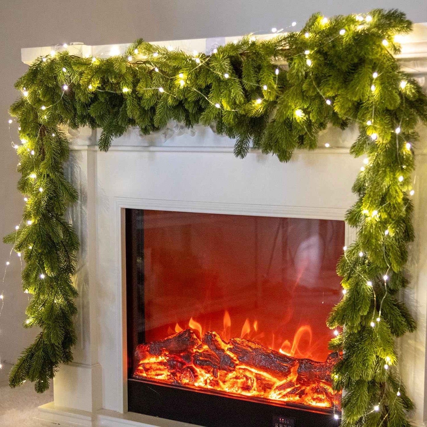 6FT Christmas Garland PARTY JOY Cedar Garland with 9.8FT LED String Lights, Greenery Plant for Christmas Decorations Table Mantle Background Wall Room Outdoor Indoor Winter Decoration