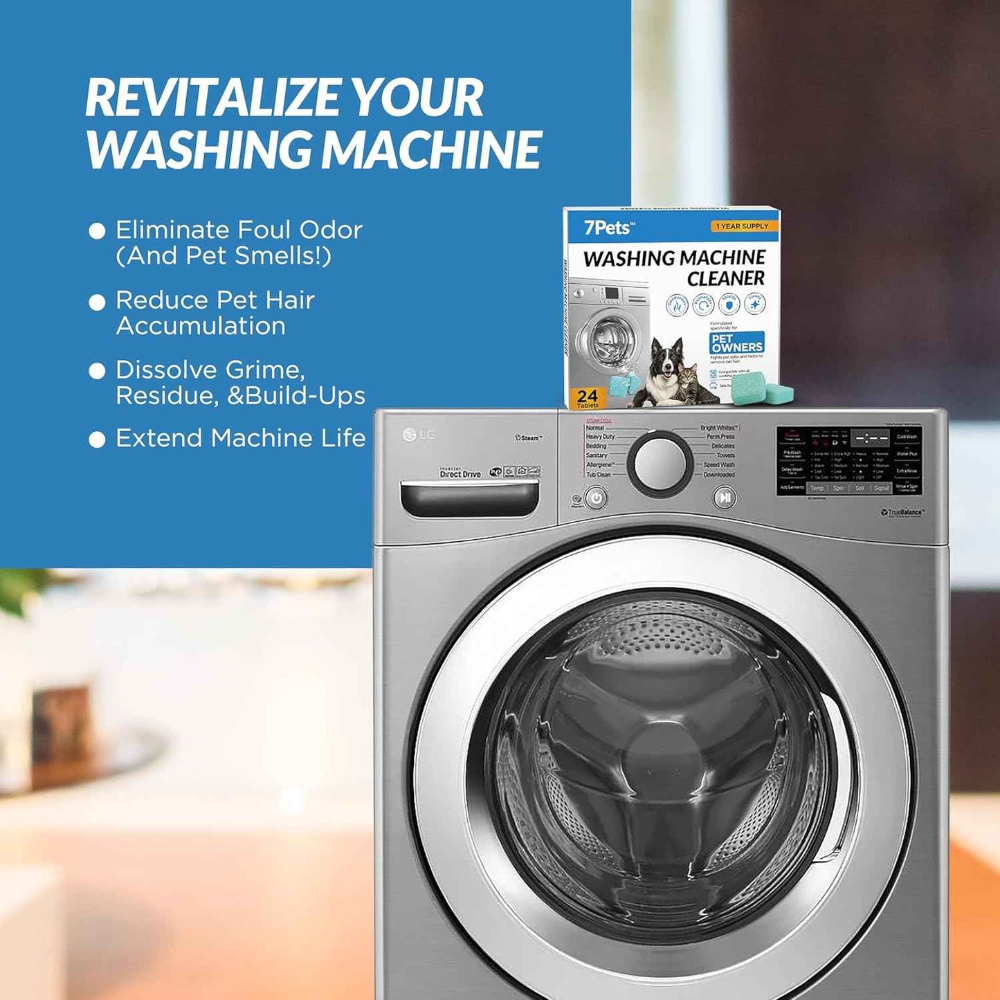 Washing Machine Cleaner Tablets | 24 Count 1-Year Supply | Formulated for Pet Owners | Pet-Friendly Deep Descaler | HE, Top & Front Load | Septic Safe & Eco-Friendly | Eliminates Odor & Residue