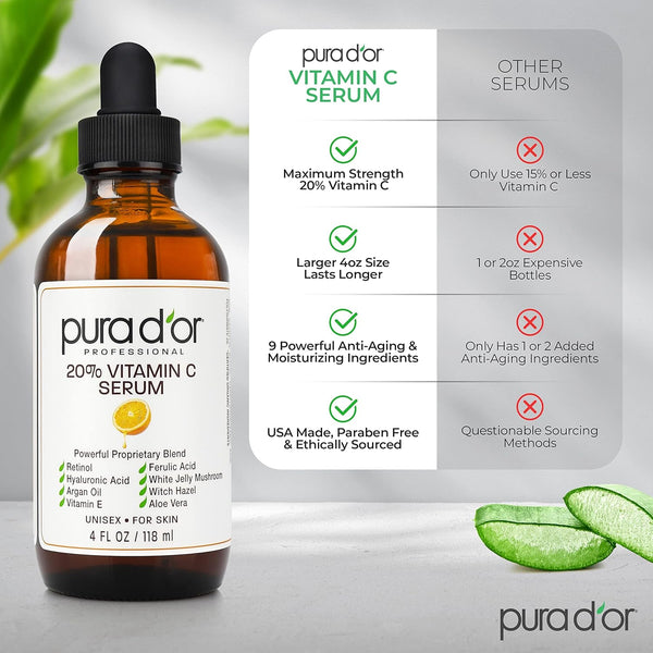 pura d'or 20% vitamin c serum 4 oz - lightweight, retinol, hyaluronic acid, ferulic acid treatment for face & eyes - men & women