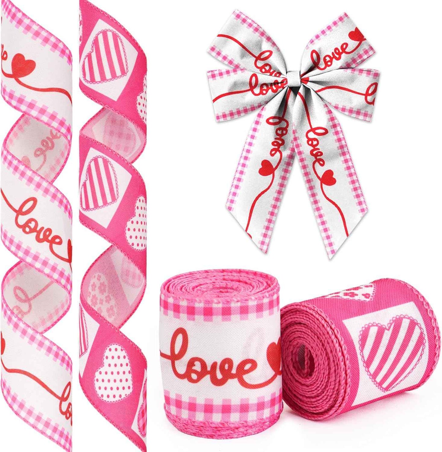 Valentine's Day Ribbon for Wreath Bow Wrapping Gifts, Plaid Red Hearts Patterned Ribbon 2.5" X 10 Yard Wired
