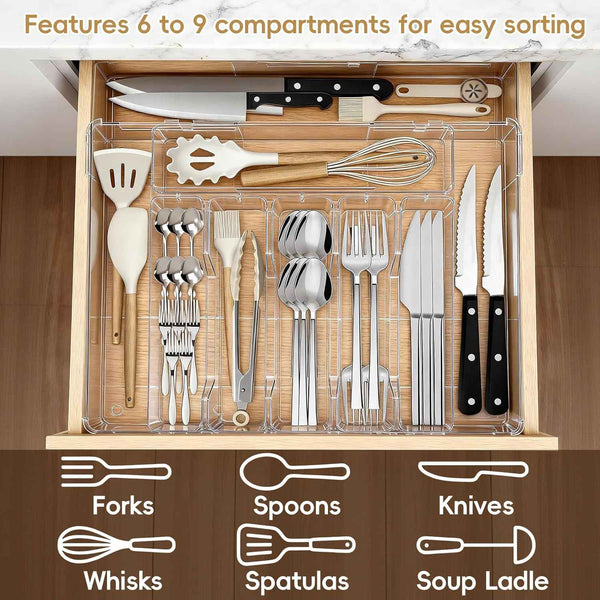 Silverware Organizer, Clear Utensil Drawer Tray with Adjustable Compartments for Spoons, Forks, Knives