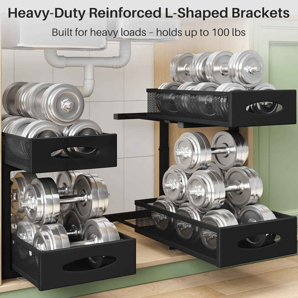 Under Sink Organizer, 2 Tier Pull out Cabinet Organizer Baskets with Mesh Sliding Drawers, Slide out Storage Shelf for Home, Kitchen, Bathroom, Pantry, Office Cabinet, Countertop(1 Pack)