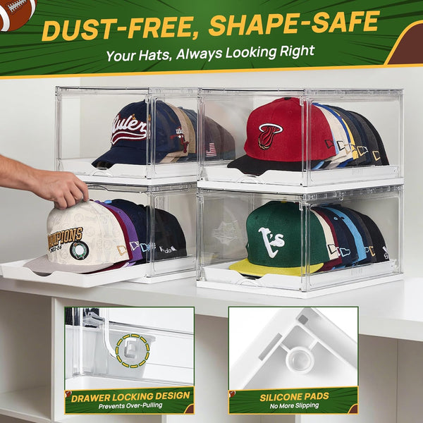 Hat Organizer for Baseball Caps, Clear Storage Box with Drawer and Sliding Tray