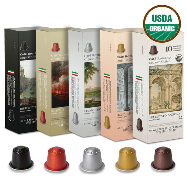 Organic USDA Café Romano Coffee Aluminum Espresso Pods Variety Pack for Nespresso Original Machine