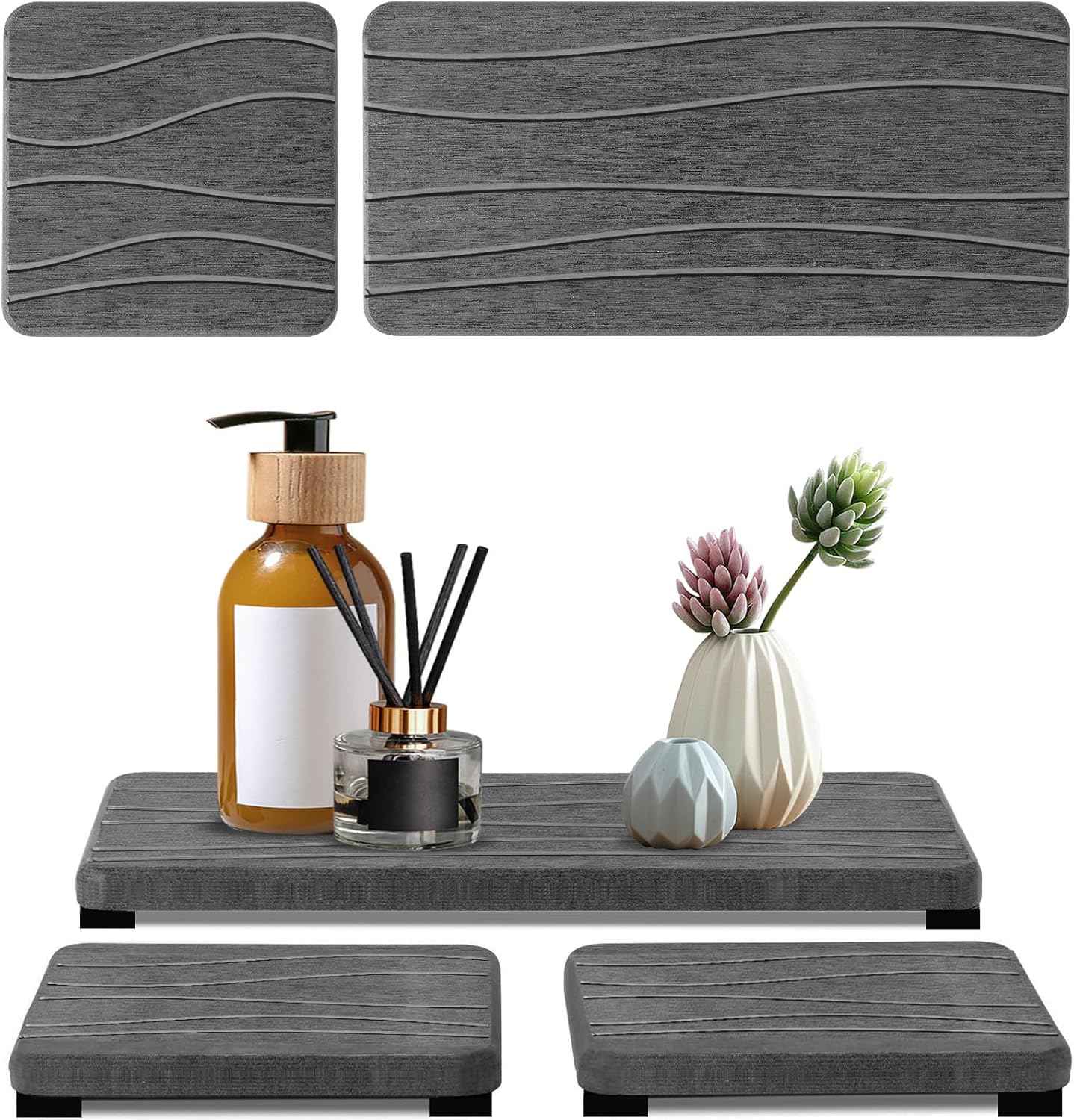 3PCS Water Absorbing Stone Tray, DryingNeat Diatomite Stone Sink Tray, Instant Dry Sink Coasters, Kitchen Sponge Hand Soap Holder, Countertop Fast Drying Counter Trays,8 * 4inch and 4 * 4inch