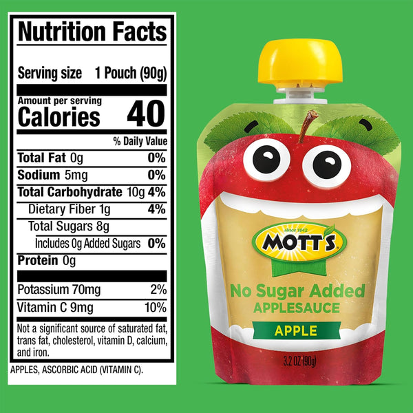 Mott's No Sugar Added Applesauce, Made from Real Fruit, No Artificial Flavors, 3.2 Oz Clear Pouches, 20 Pack