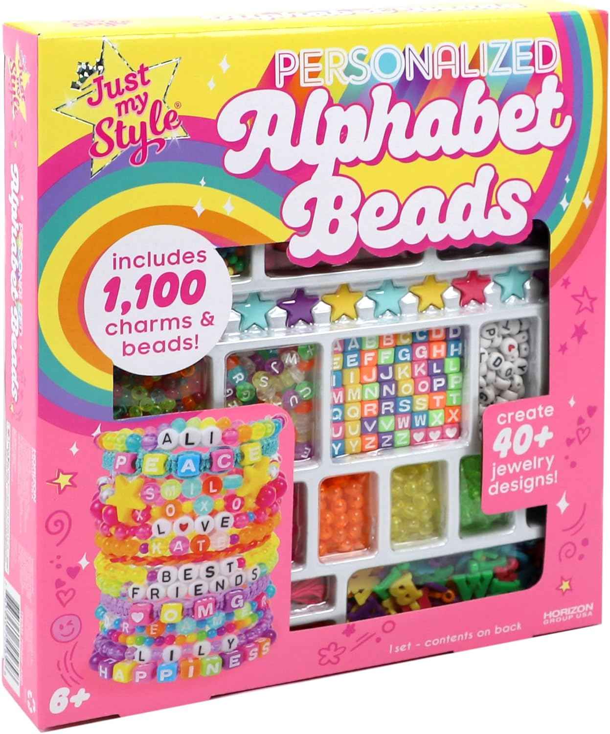 Just My Style ABC Beads by Horizon Group Usa, 1000+ Charms & Beads, Alphabet Charms, Accent Seed Star Wax Beading Cord, Satin Cord Key Ring Included, Bright, Small