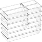 Criusia Drawer Organizer, 10 Pack Large Clear Plastic Set, 3 Size Versatile Bathroom and Vanity Organizer Trays, Storage Bins for Makeup, Bedroom, Kitchen Utensils