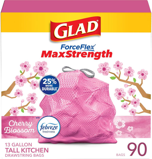 Glad Tall Kitchen Trash Bags 13 Gallon, MaxStrength Cherry Blossom Garbage Bags, Drawstring, 90 Count