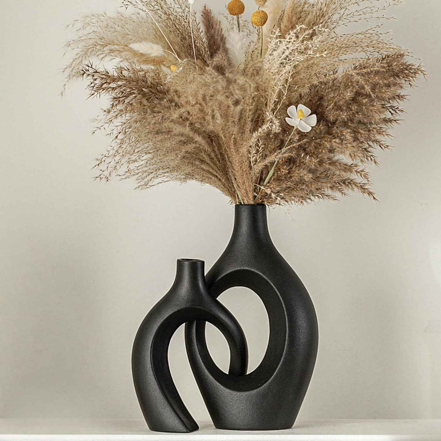 Snuggle Hollow Ceramic Vase Set of 2, Nordic Modern Boho ins Style Decorative Ceramic Aesthetic Flower Vase for Home Decor (Milky White W 6.3" X H 8.4")