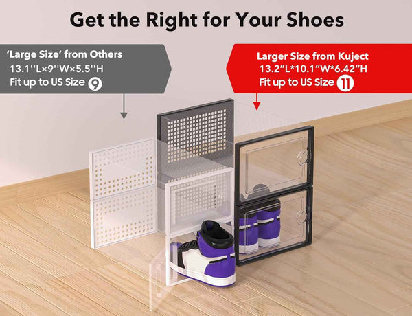 Kuject X-Large Clear Plastic Shoe Storage Boxes, Stackable 12 Pack, Black