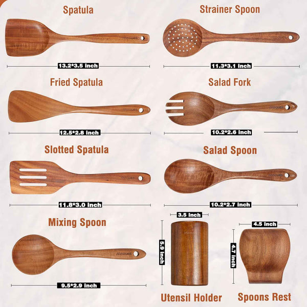 9 Piece Natural Teak Wooden Kitchen Utensil Set