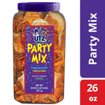 Utz Party Mix snack mix includes corn tortillas, pretzels, and cheese curls, 1.62 pounds, resealable container