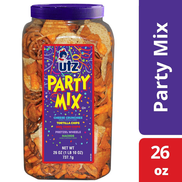 Utz Party Mix snack mix includes corn tortillas, pretzels, and cheese curls, 1.62 pounds, resealable container