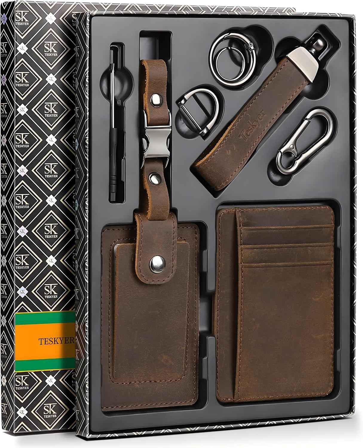 Teskyer RFID Slim Card Holder Wallet for Men, Genuine Leather Gift Set with Luxury Gift Packing - Includes Luggage Tag and Car Keychain - Gift for Dad, Valentine's Day, Birthday & Christmas (Coffee)