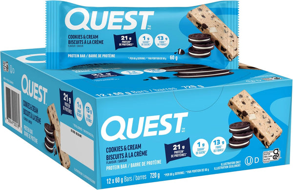 Quest Nutrition Cookies & Cream Protein Bars, 12 Count, 21g Protein, 1g Sugar, 4g Net Carb