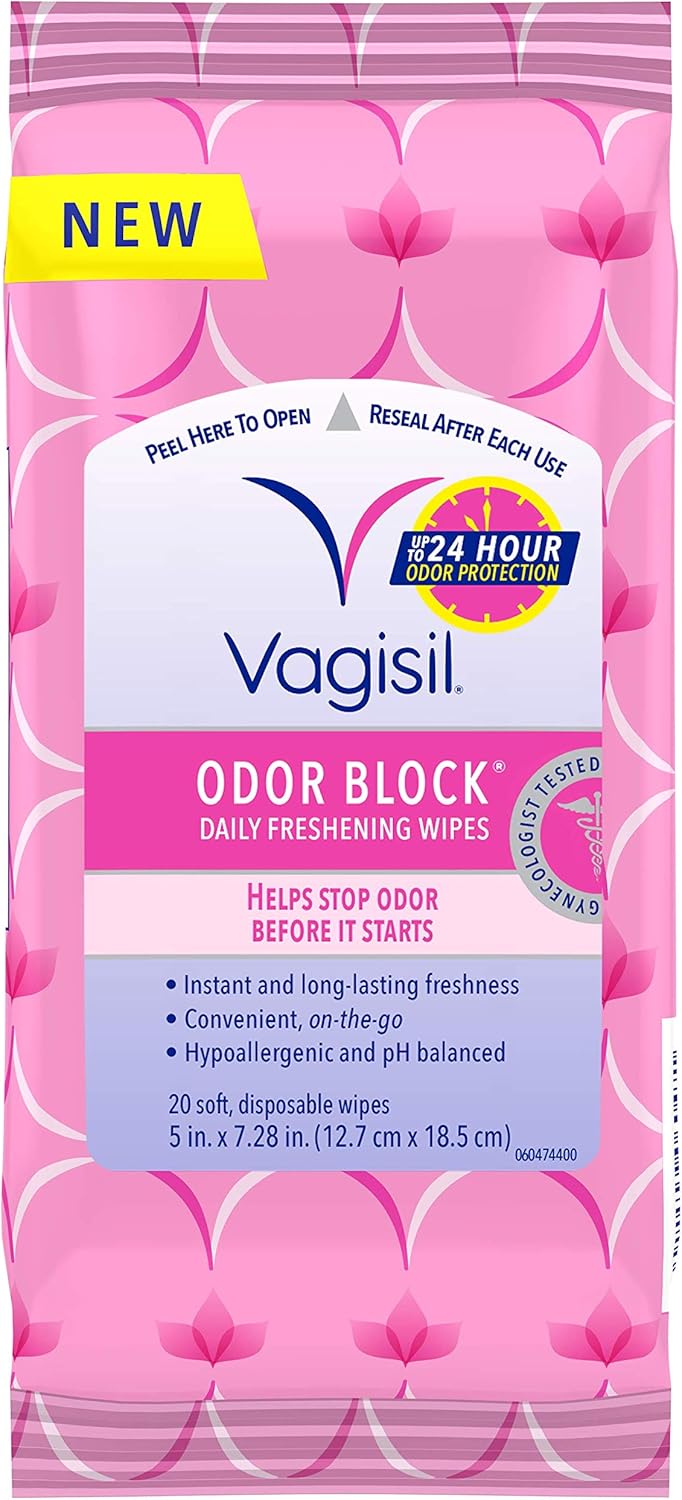 Vagisil Odor Block Daily Freshening Wipes for Feminine Hygiene in Resealable Pouch, Gynecologist Tested & Hypoallergenic, 20 Wipes (Pack of 3)