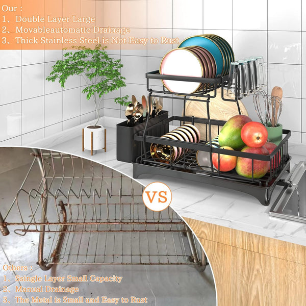 2-Tier Dish Rack with Auto-Drain and Mat for Kitchen Counter