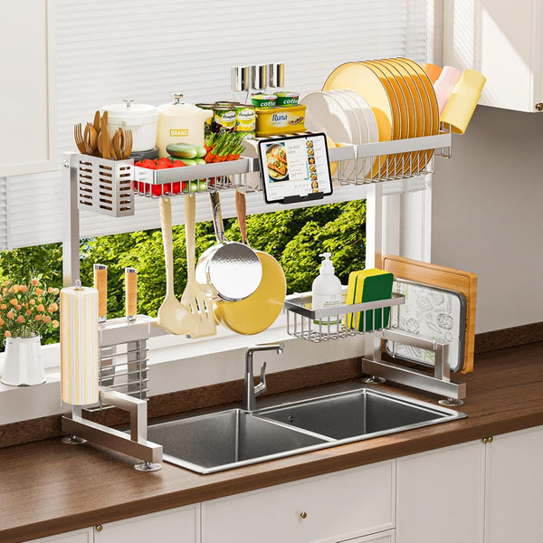 Over the sink dish drying rack with adjustable height and length
