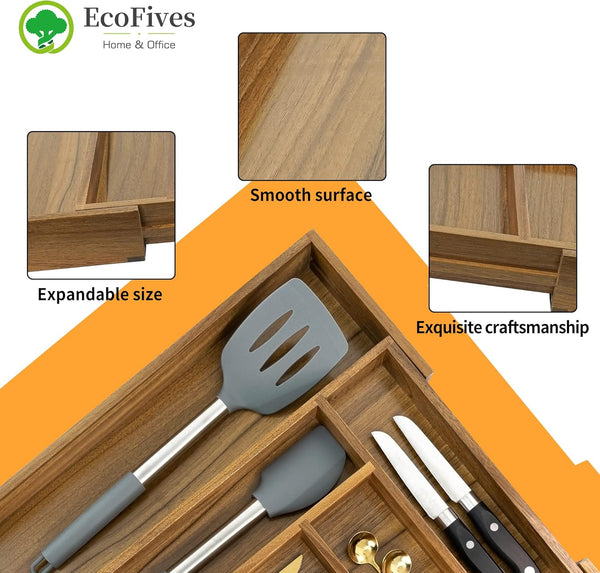 Acacia Kitchen Drawer Organizer with 8 Slots and Adjustable Size